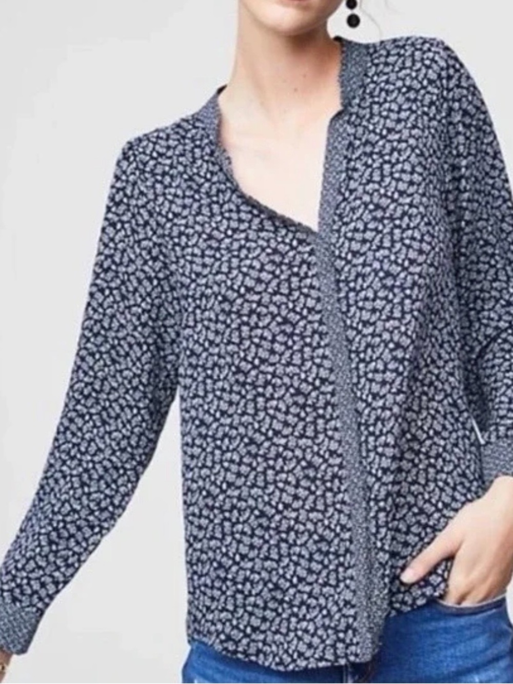 LOFT Navy and White Floral V-Neck Long Sleeve Blouse